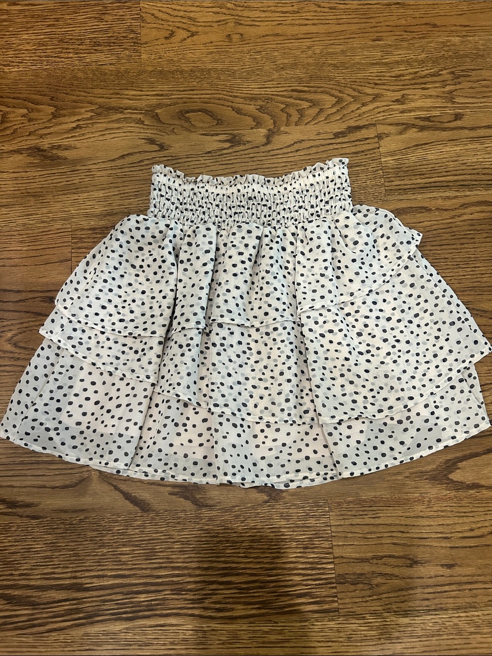H&M Cream with Black Polka Dot Smocked Tiered Ruffled Skirt. Size 12-14.